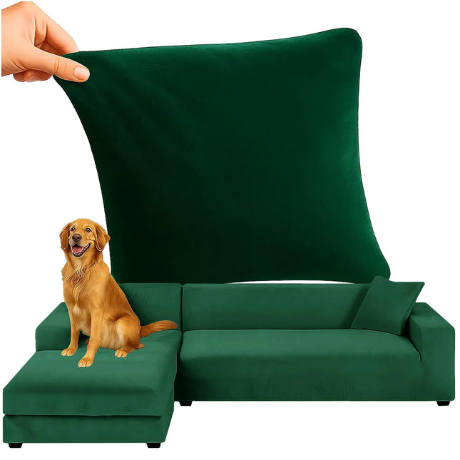 Elegant sofa cover i flaskegrøn velour til hjørnesofa