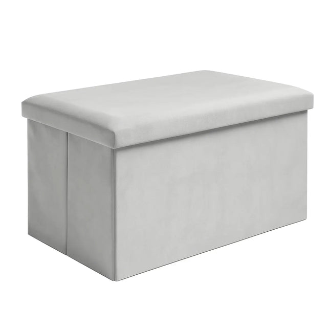 Praktisk grå velour pouf med opbevaring og foldbar funktion
