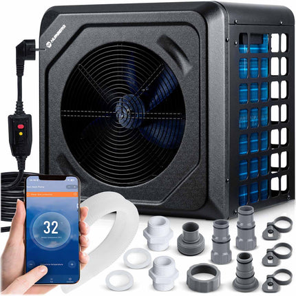 Varmepumpe til pool 5 kW med Bluetooth-styring og LCD-display – COP 5,17, 48 dB
