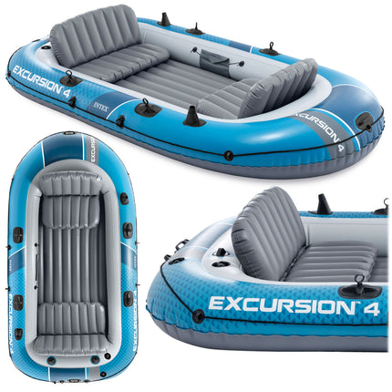 Oppustelig gummibåd til 4 personer 315 x 165 x 43 cm med aluminiumsårer og pumpe – Intex Excursion 4