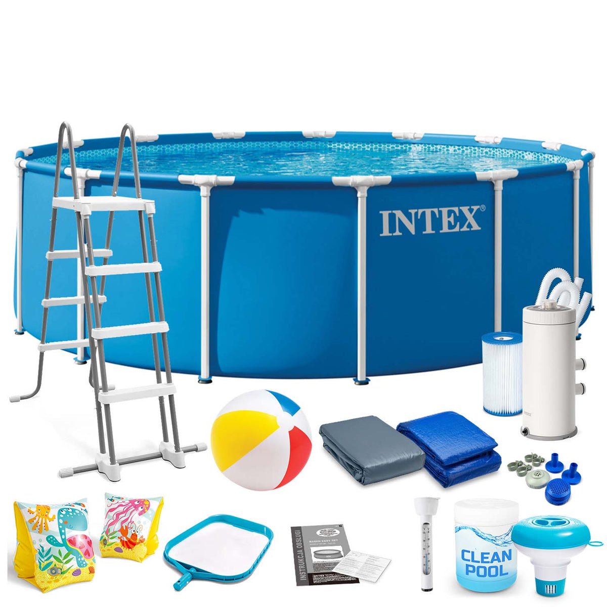 Rammebassin 457 x 122 cm – komplet sæt med filterpumpe, stige, overtræk, bundunderlag og fangnet – Intex