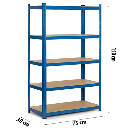Opbevaringsreol i metal med 5 hylder - 150 x 75 x 30 cm, ideel til garage, kælder og butik
