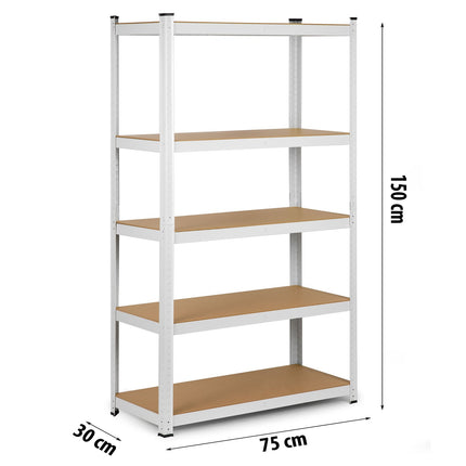 Opbevaringsreol i metal med 5 hylder - 150 x 75 x 30 cm, perfekt til garage, kælder og butik