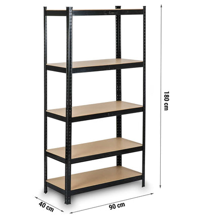 Opbevaringsreol i metal med 5 hylder - 180x90x40 cm, sort, høj belastning og justerbar højde