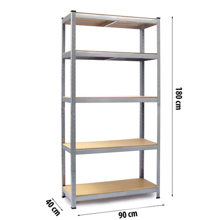 Opbevaringsreol i metal 180 x 90 x 40 cm med 5 hylder - ideel til garage, kælder og butik - inkl. gratis hyldedæksel
