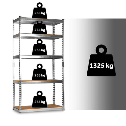 Metalreol til lager 183 x 90 x 40 cm med 5 MDF-hylder, 265 kg pr. hylde – sølv