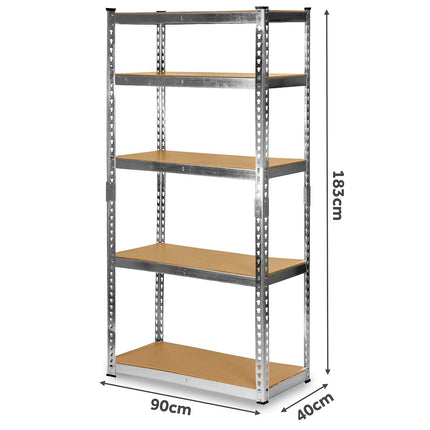 Metalreol til lager 183 x 90 x 40 cm med 5 MDF-hylder, 265 kg pr. hylde – sølv