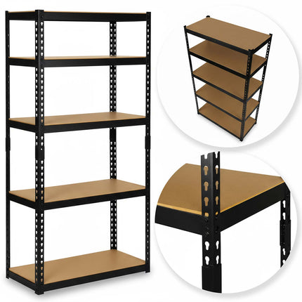 Metalreol til lager 183 x 90 x 40 cm med 5 MDF-hylder, 265 kg pr. hylde – sort