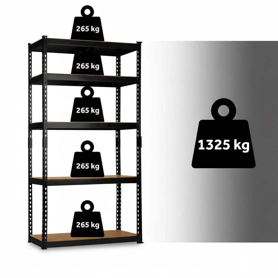 Metalreol til lager 183 x 90 x 40 cm med 5 MDF-hylder, 265 kg pr. hylde – sort