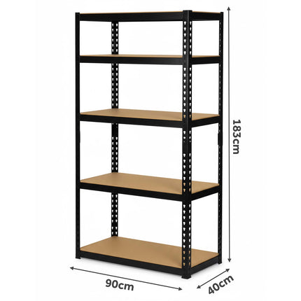 Metalreol til lager 183 x 90 x 40 cm med 5 MDF-hylder, 265 kg pr. hylde – sort