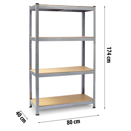 Sølvfarvet metalhylde sæt med 4 hylder - 174x80x40 cm, perfekt til garage, værksted og opbevaring