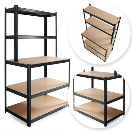 Metalreol med arbejdsplade 180 x 100 x 60 cm – 5 hylder, bærer op til 175 kg pr. hylde – sort