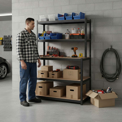 Metalreol med arbejdsplade 180 x 100 x 60 cm – 5 hylder, bærer op til 175 kg pr. hylde – sort
