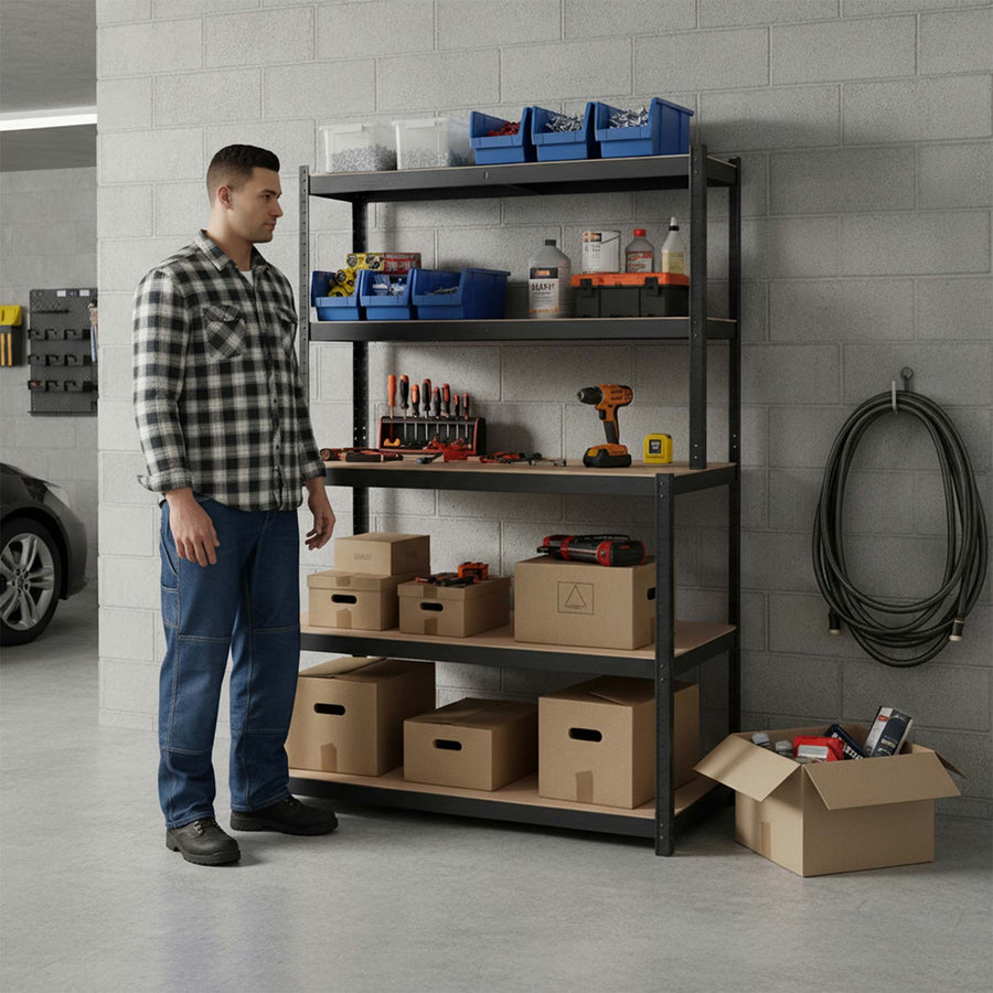 Metalreol med arbejdsplade 180 x 100 x 60 cm – 5 hylder, bærer op til 175 kg pr. hylde – sort