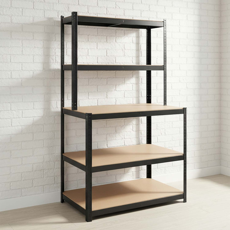 Metalreol med arbejdsplade 180 x 100 x 60 cm – 5 hylder, bærer op til 175 kg pr. hylde – sort