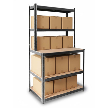 Metalreol med arbejdsplade 180 x 100 x 60 cm – 5 hylder, bærer op til 175 kg pr. hylde – sort
