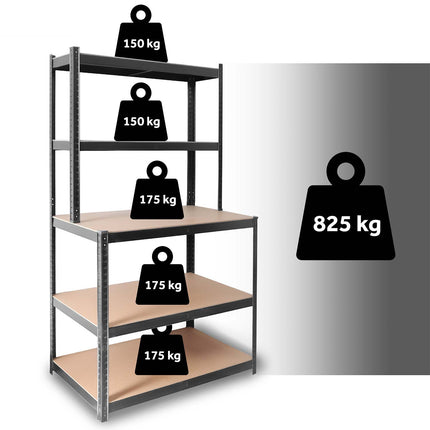 Metalreol med arbejdsplade 180 x 100 x 60 cm – 5 hylder, bærer op til 175 kg pr. hylde – sort