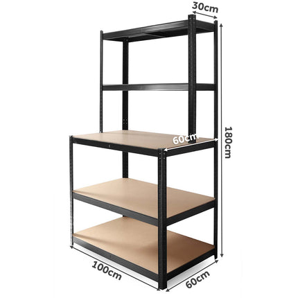 Metalreol med arbejdsplade 180 x 100 x 60 cm – 5 hylder, bærer op til 175 kg pr. hylde – sort
