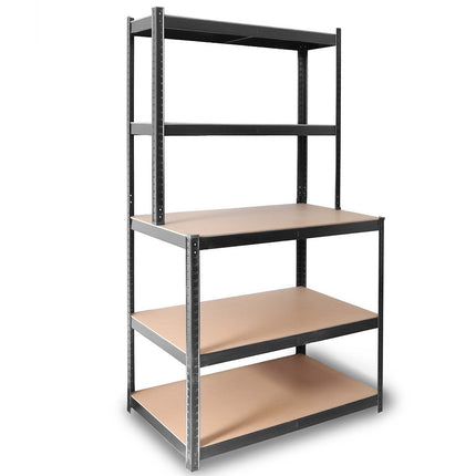 Metalreol med arbejdsplade 180 x 100 x 60 cm – 5 hylder, bærer op til 175 kg pr. hylde – sort