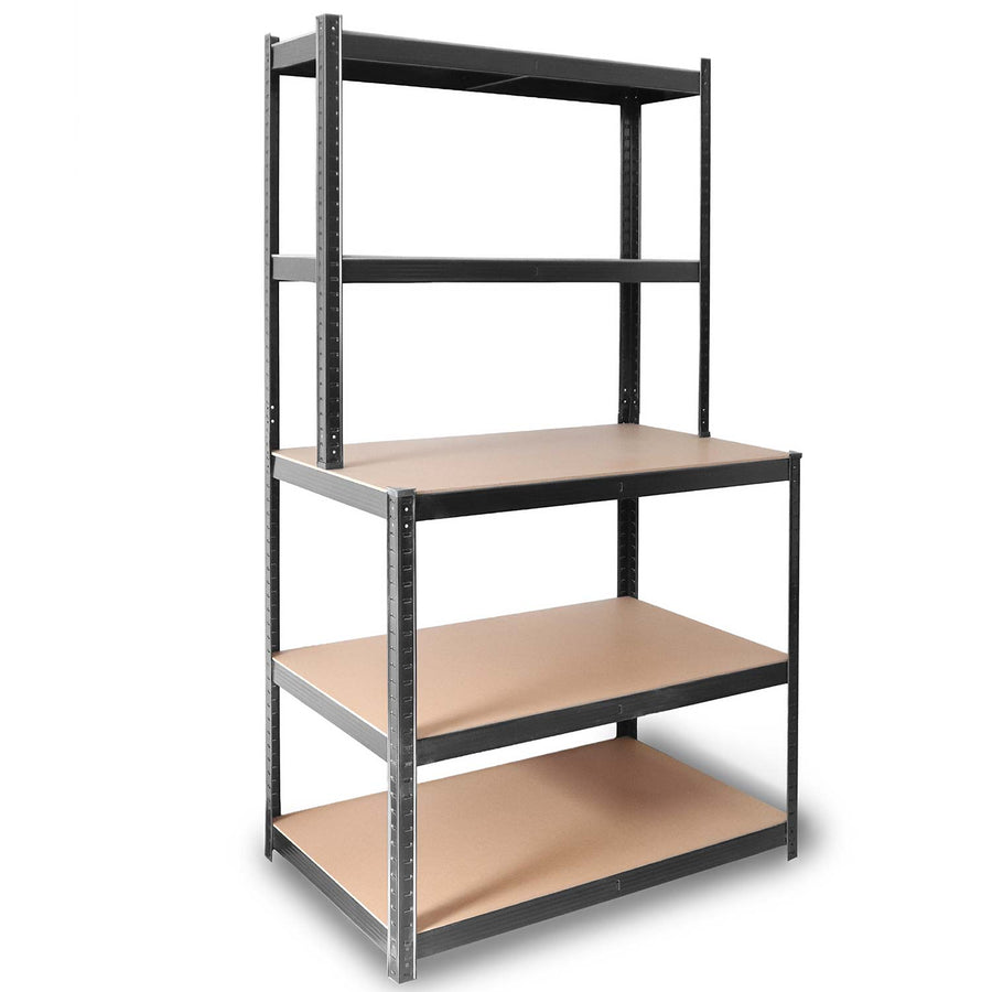 Metalreol med arbejdsplade 180 x 100 x 60 cm – 5 hylder, bærer op til 175 kg pr. hylde – sort