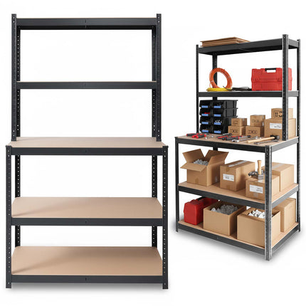 Metalreol med arbejdsplade 180 x 100 x 60 cm – 5 hylder, bærer op til 175 kg pr. hylde – sort