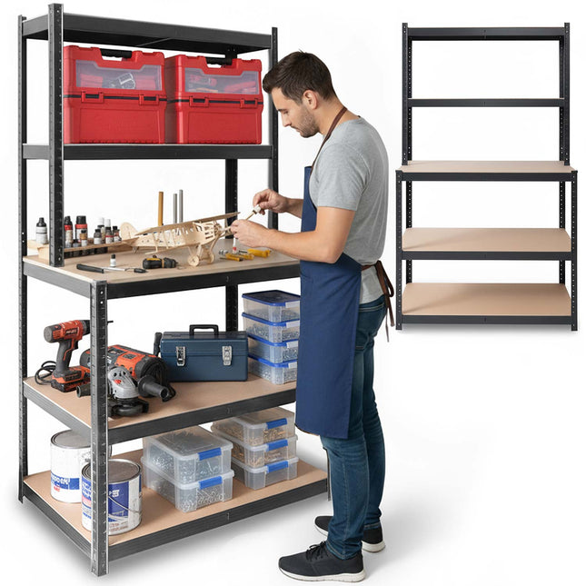 Metalreol med arbejdsplade 180 x 100 x 60 cm – 5 hylder, bærer op til 175 kg pr. hylde – sort