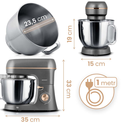 Køkkenmaskine 3-i-1 med 6 l skål i rustfrit stål, 1400 W, 6 hastigheder og pulsfunktion