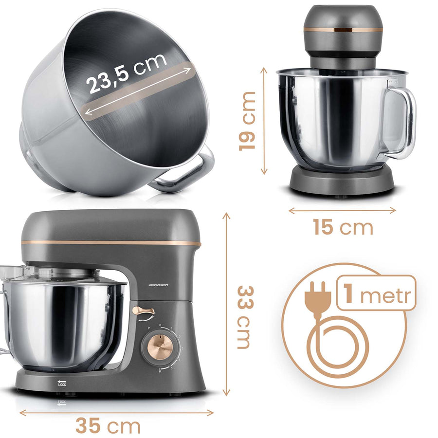 Køkkenmaskine 3-i-1 med 6 l skål i rustfrit stål, 1400 W, 6 hastigheder og pulsfunktion