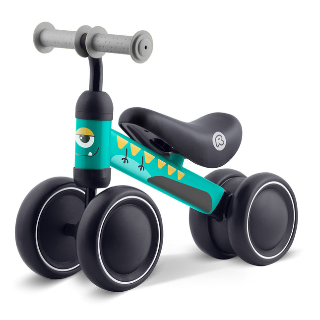 Trehjulet løbecykel til børn fra 12 måneder med stålstel, skumsæde og gummihåndtag – grøn med dino-mønster