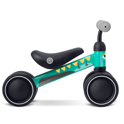 Trehjulet løbecykel til børn fra 12 måneder med stålstel, skumsæde og gummihåndtag – grøn med dino-mønster