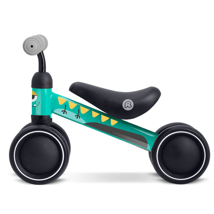 Trehjulet løbecykel til børn fra 12 måneder med stålstel, skumsæde og gummihåndtag – grøn med dino-mønster