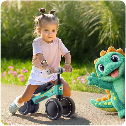 Trehjulet løbecykel til børn fra 12 måneder med stålstel, skumsæde og gummihåndtag – grøn med dino-mønster
