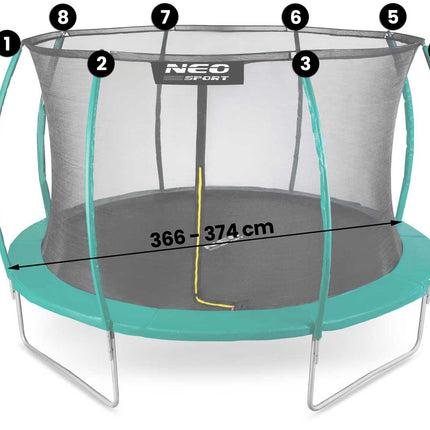 Indernet til trampolin 366-374 cm (12 fod) - Sikkerhedsnet med lynlås og 8 stolper