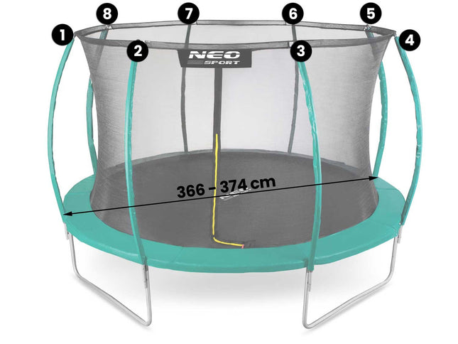 Indernet til trampolin 366-374 cm (12 fod) - Sikkerhedsnet med lynlås og 8 stolper