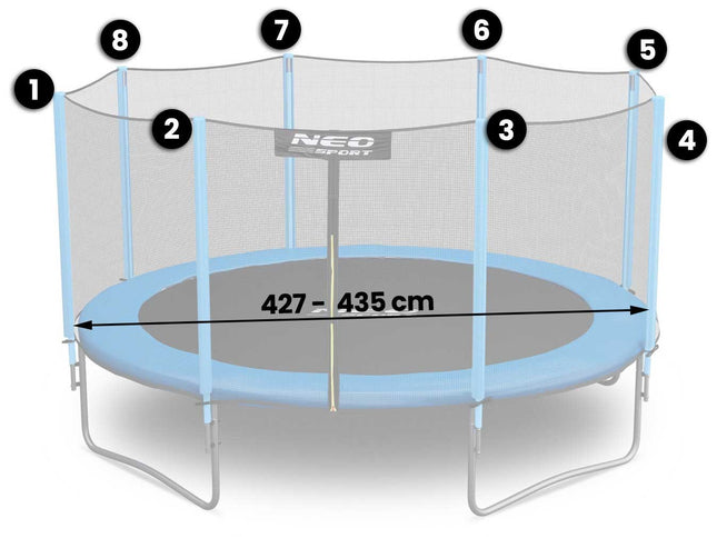 Udendørs sikkerhedsnet til trampolin 427-435 cm (14 fod) med 8 stolper - Holdbart og nemt at montere