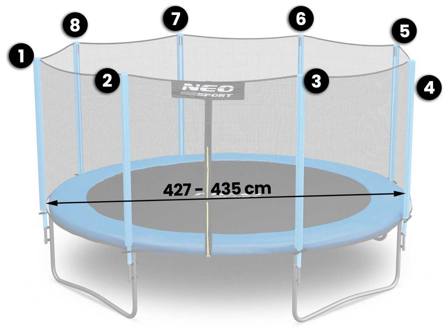 Udendørs sikkerhedsnet til trampolin 427-435 cm (14 fod) med 8 stolper - Holdbart og nemt at montere