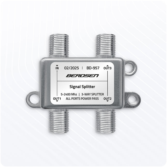 Passiv 3-vejs antennesplitter til DVB-T, satellit og kabel-tv - 5-2400 MHz, inkl. F-stik og hurtigkoblinger