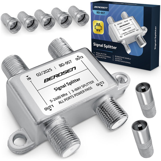Passiv 3-vejs antennesplitter til DVB-T, satellit og kabel-tv - 5-2400 MHz, inkl. F-stik og hurtigkoblinger