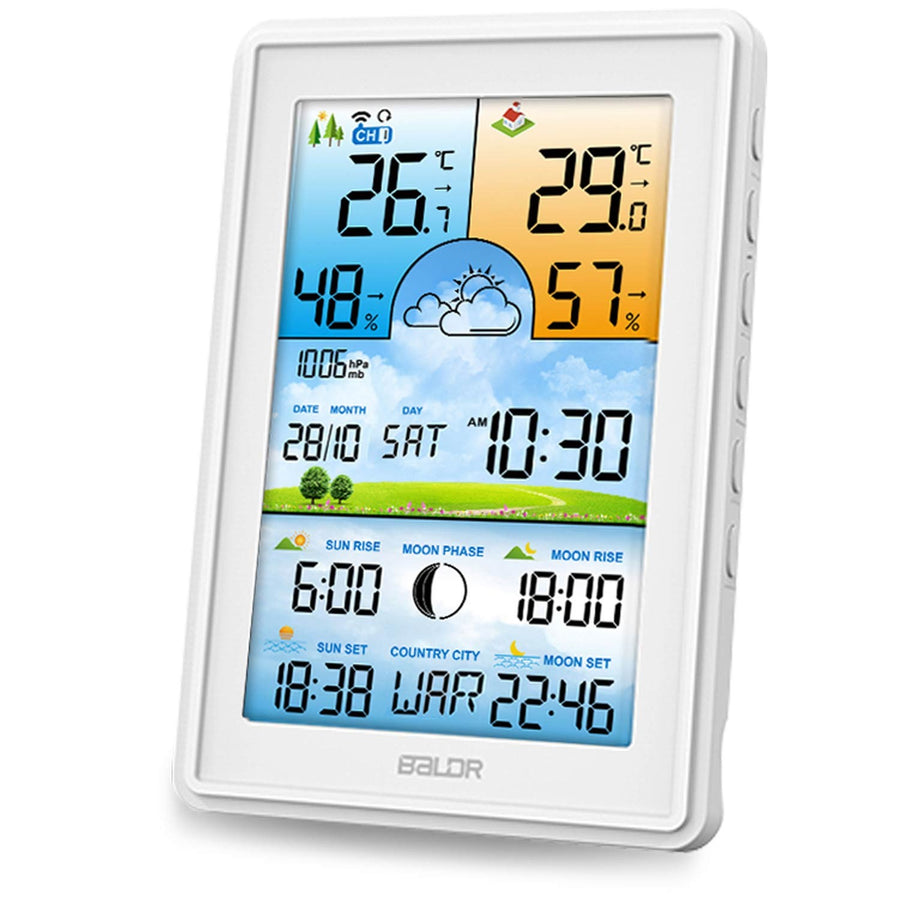 Trådløs vejrstation med farvedisplay og DCF77 tidssynkronisering - vejrudsigt, temperatur- og fugtighedsmåling, alarmfunktioner, kalender og månefaser.