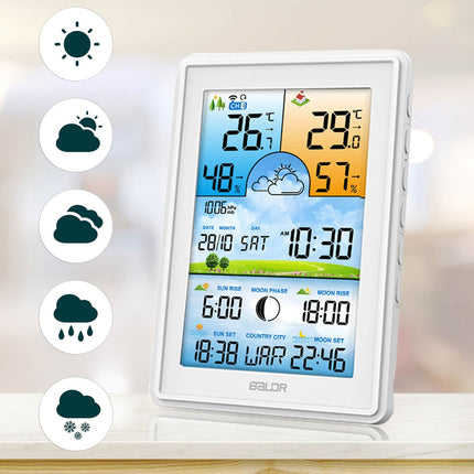 Trådløs vejrstation med farvedisplay og DCF77 tidssynkronisering - vejrudsigt, temperatur- og fugtighedsmåling, alarmfunktioner, kalender og månefaser.