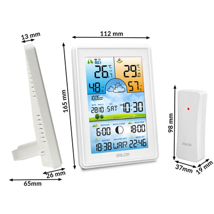 Trådløs vejrstation med farvedisplay og DCF77 tidssynkronisering - vejrudsigt, temperatur- og fugtighedsmåling, alarmfunktioner, kalender og månefaser.