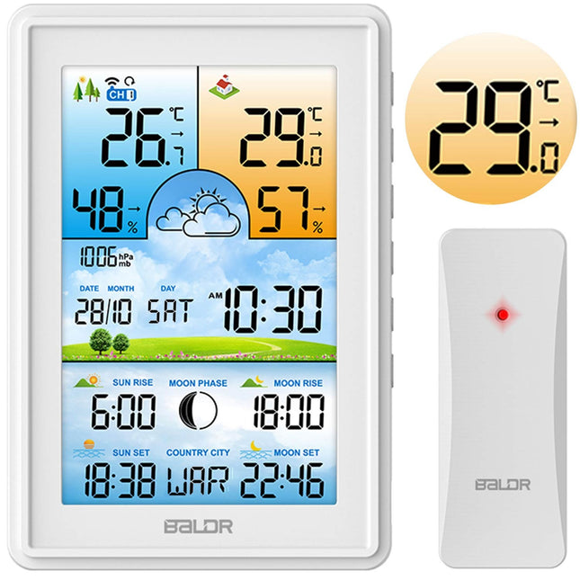 Trådløs vejrstation med farvedisplay og DCF77 tidssynkronisering - vejrudsigt, temperatur- og fugtighedsmåling, alarmfunktioner, kalender og månefaser.