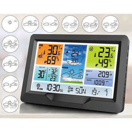 Trådløs vejrstation med farvedisplay og multifunktionel sensor til indendørs og udendørs brug