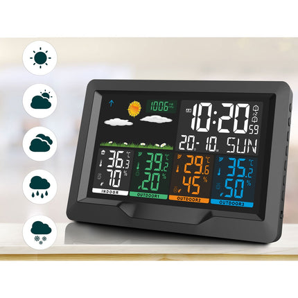 Trådløs vejrstation med farvedisplay og 3 sensorer - vejrudsigt, temperatur- og fugtighedsmåling, kalender og vækkeur