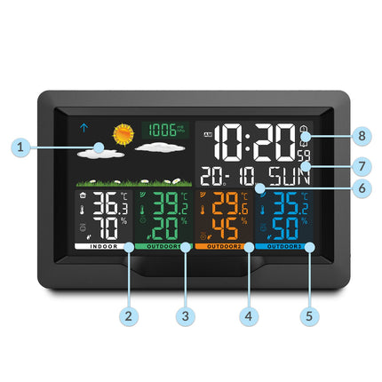 Trådløs vejrstation med farvedisplay og 3 sensorer - vejrudsigt, temperatur- og fugtighedsmåling, kalender og vækkeur
