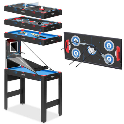 5-i-1 spillebord til hjemmet – kombineret billard-, airhockey-, bordtennis-, bueskydnings- og basketballbord med tilbehør og justerbare ben