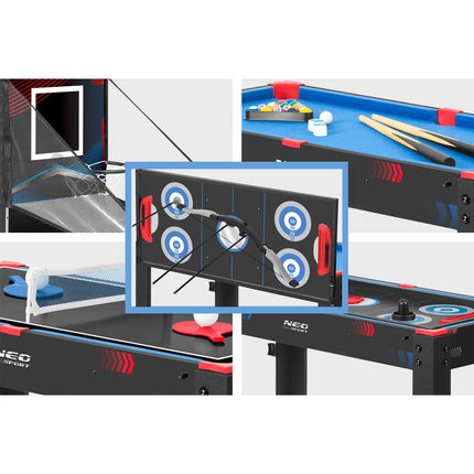 5-i-1 spillebord til hjemmet – kombineret billard-, airhockey-, bordtennis-, bueskydnings- og basketballbord med tilbehør og justerbare ben