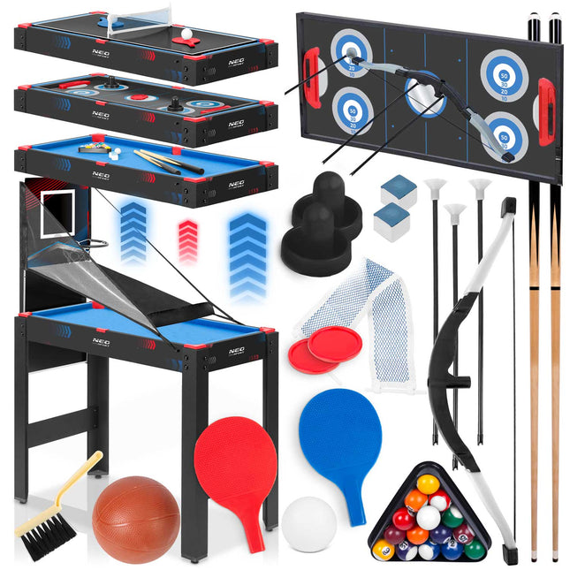 5-i-1 spillebord til hjemmet – kombineret billard-, airhockey-, bordtennis-, bueskydnings- og basketballbord med tilbehør og justerbare ben
