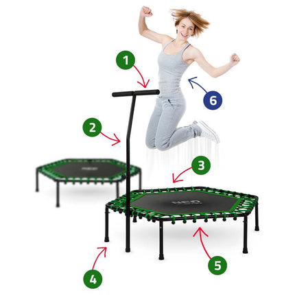 Sekskantet fitness trampolin med håndtag til hjemmebrug - forbrænd op til 1200 kalorier/time