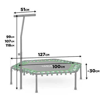 Sekskantet fitness trampolin med håndtag til hjemmebrug - forbrænd op til 1200 kalorier/time